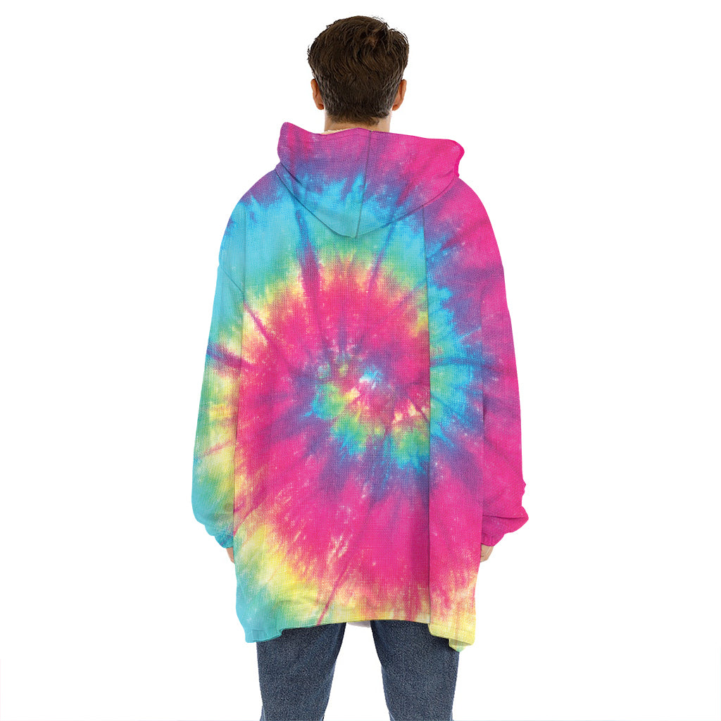 Blue Pink And Yellow Tie Dye Print Hoodie Blanket