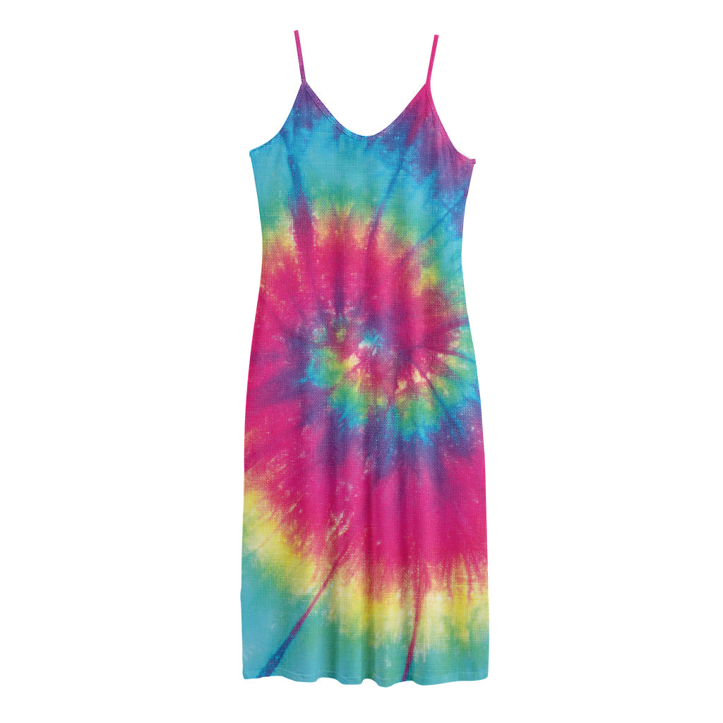 Blue Pink And Yellow Tie Dye Print Jersey Midi Cami Dress
