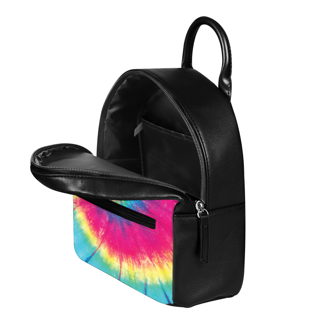 Blue Pink And Yellow Tie Dye Print Leather Backpack