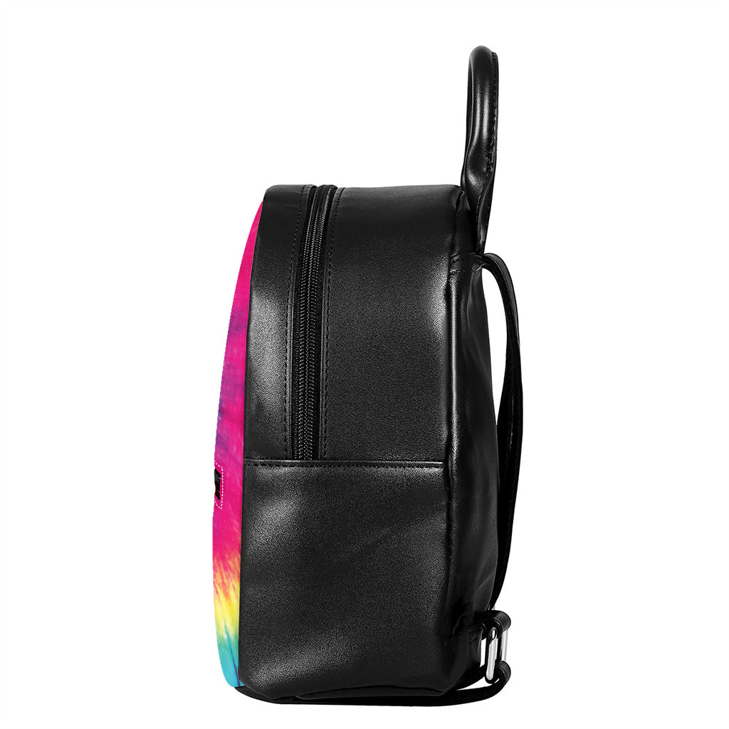 Blue Pink And Yellow Tie Dye Print Leather Backpack