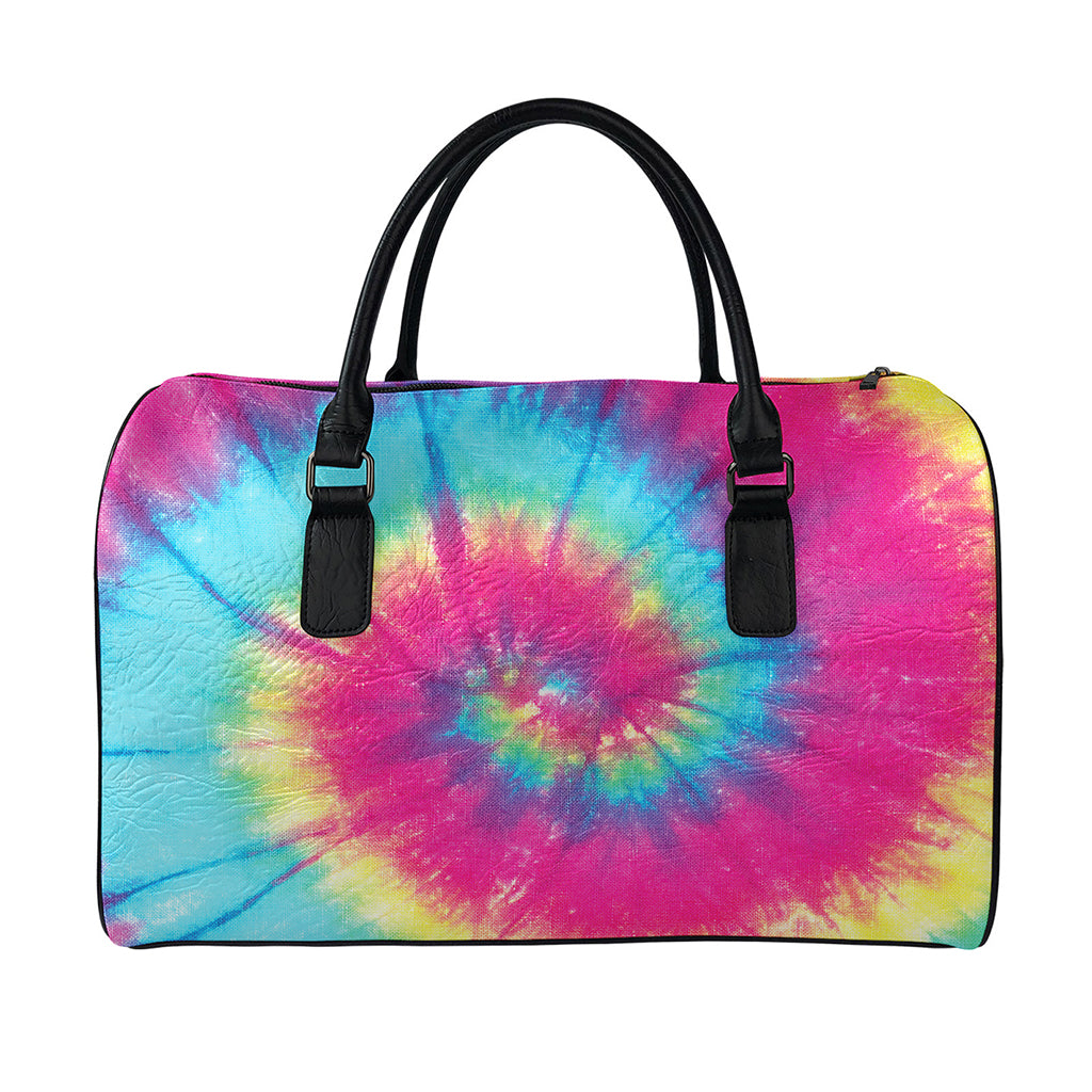 Blue Pink And Yellow Tie Dye Print Leather Duffle Bag