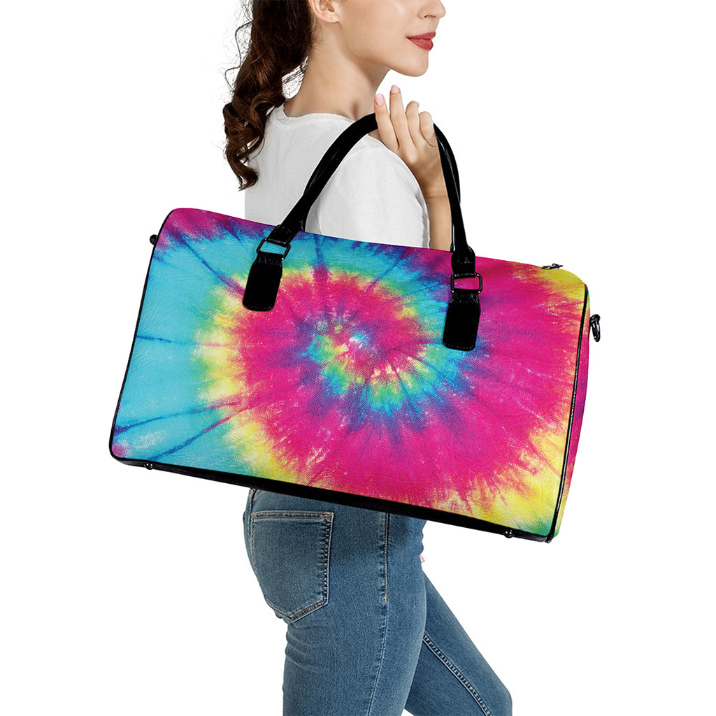 Blue Pink And Yellow Tie Dye Print Leather Duffle Bag