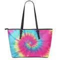 Blue Pink And Yellow Tie Dye Print Leather Tote Bag With Zipper