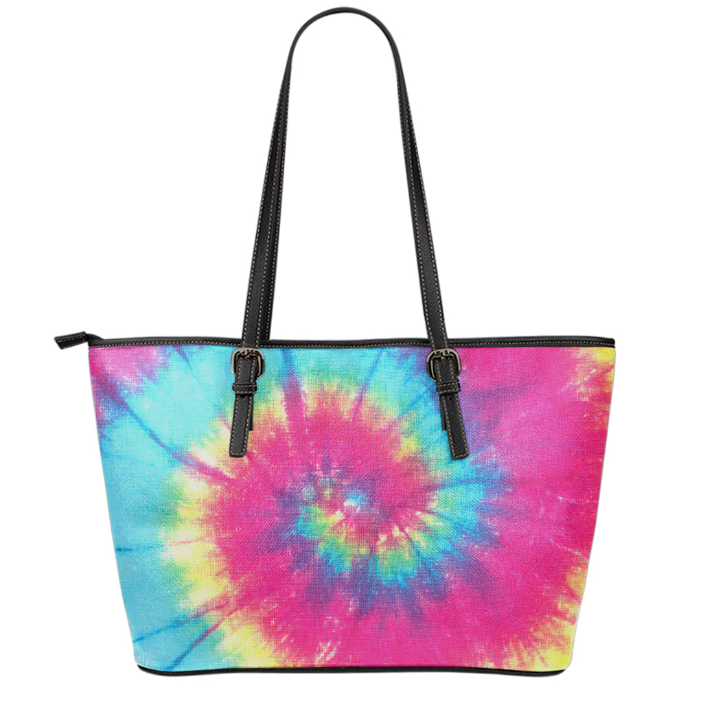 Blue Pink And Yellow Tie Dye Print Leather Tote Bag