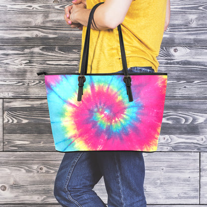 Blue Pink And Yellow Tie Dye Print Leather Tote Bag