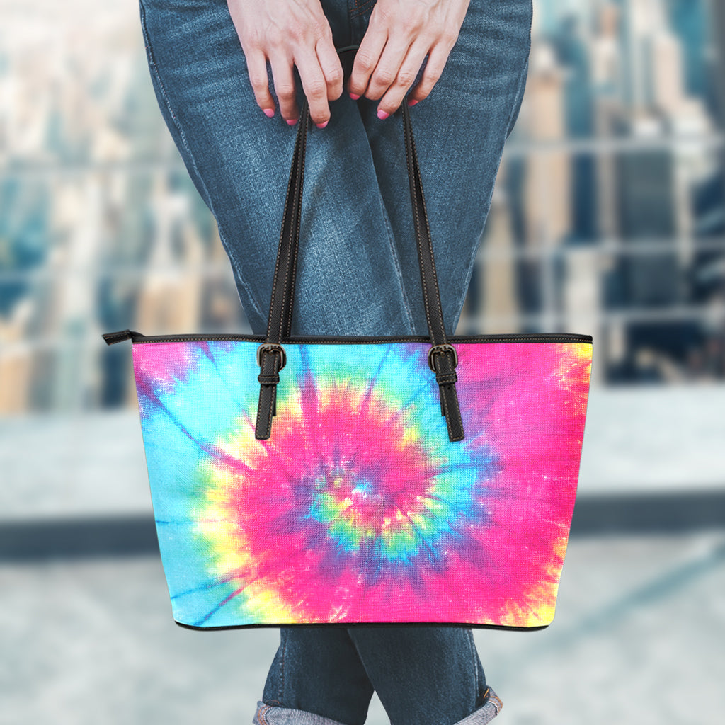 Blue Pink And Yellow Tie Dye Print Leather Tote Bag