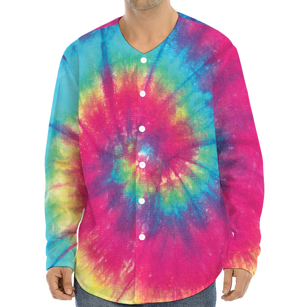 Blue Pink And Yellow Tie Dye Print Long Sleeve Baseball Jersey