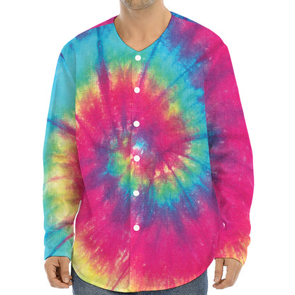 Blue Pink And Yellow Tie Dye Print Long Sleeve Baseball Jersey