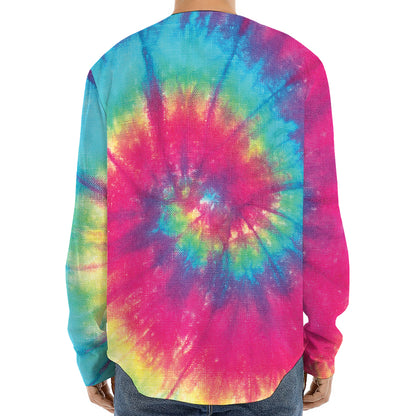 Blue Pink And Yellow Tie Dye Print Long Sleeve Baseball Jersey