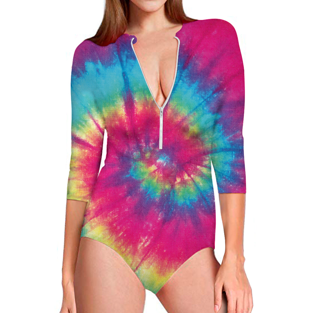Blue Pink And Yellow Tie Dye Print Long Sleeve Swimsuit