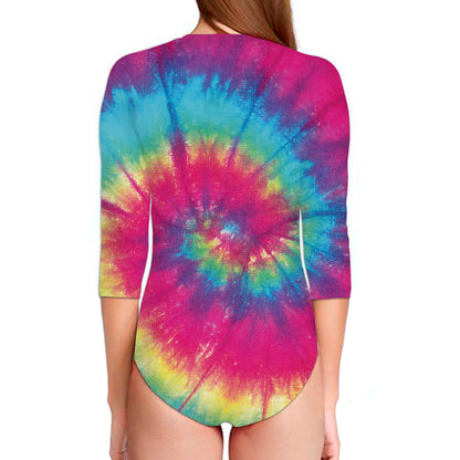 Blue Pink And Yellow Tie Dye Print Long Sleeve Swimsuit