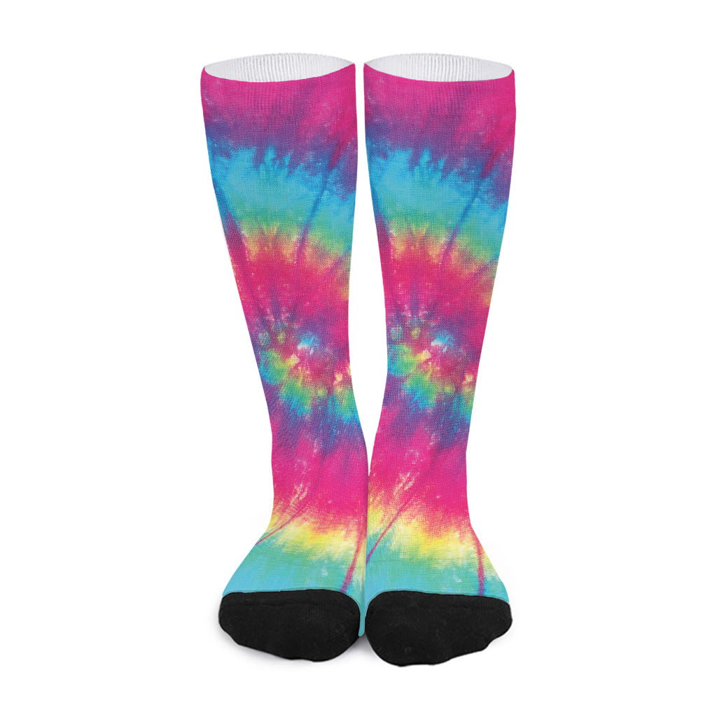 Blue Pink And Yellow Tie Dye Print Long Socks
