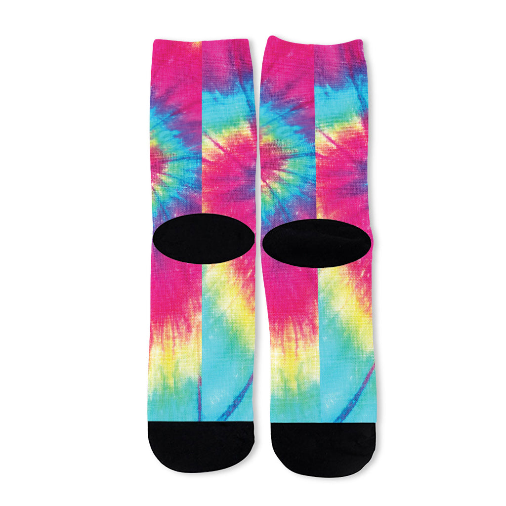 Blue Pink And Yellow Tie Dye Print Long Socks