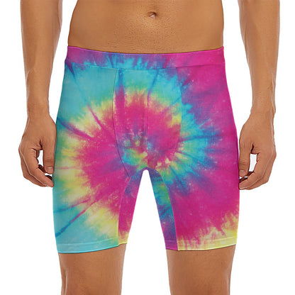 Blue Pink And Yellow Tie Dye Print Men's Long Boxer Briefs