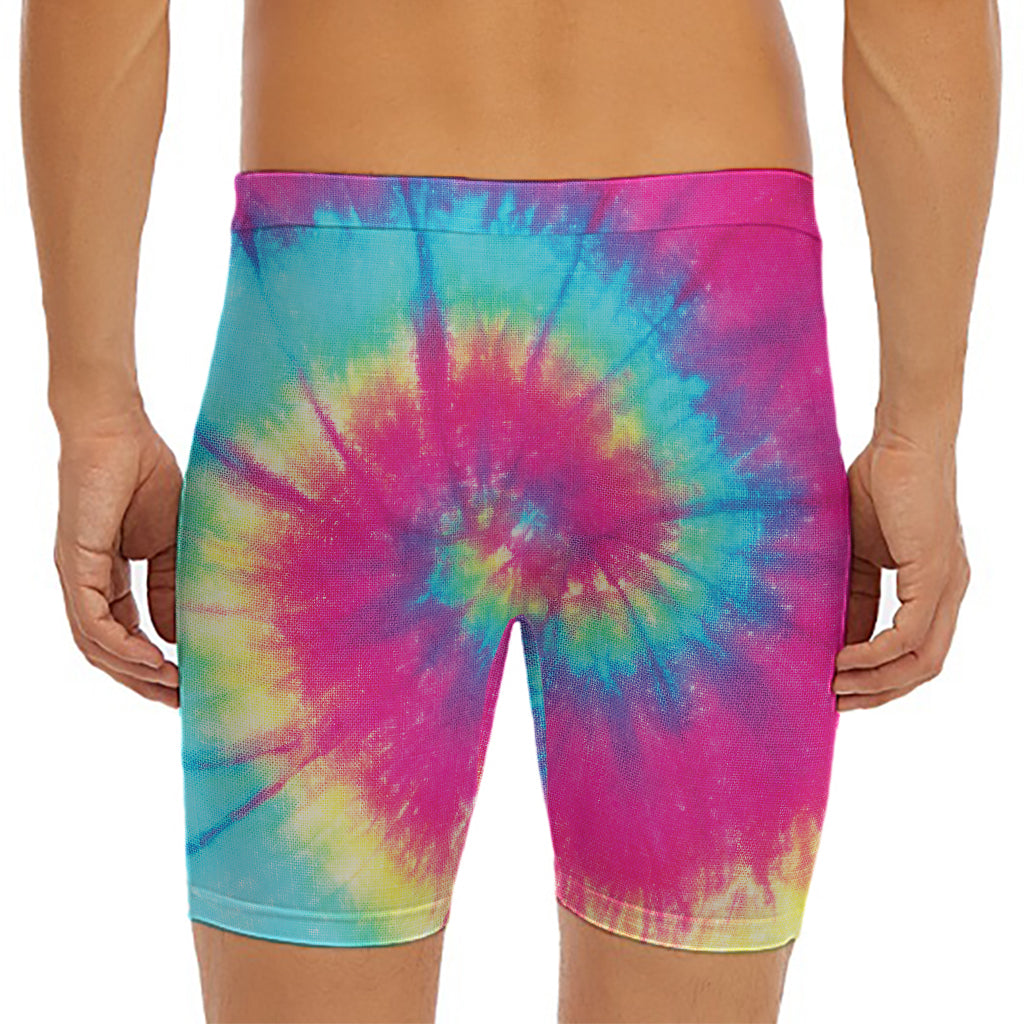 Blue Pink And Yellow Tie Dye Print Men's Long Boxer Briefs