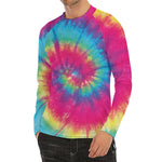 Blue Pink And Yellow Tie Dye Print Men's Long Sleeve Rash Guard