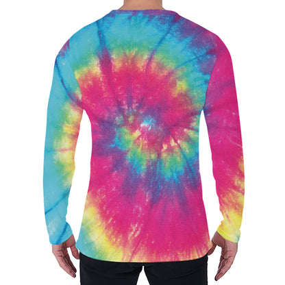 Blue Pink And Yellow Tie Dye Print Men's Long Sleeve T-Shirt