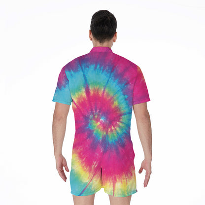 Blue Pink And Yellow Tie Dye Print Men's Rompers
