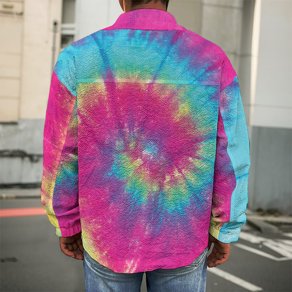 Blue Pink And Yellow Tie Dye Print Men's Shirt Jacket