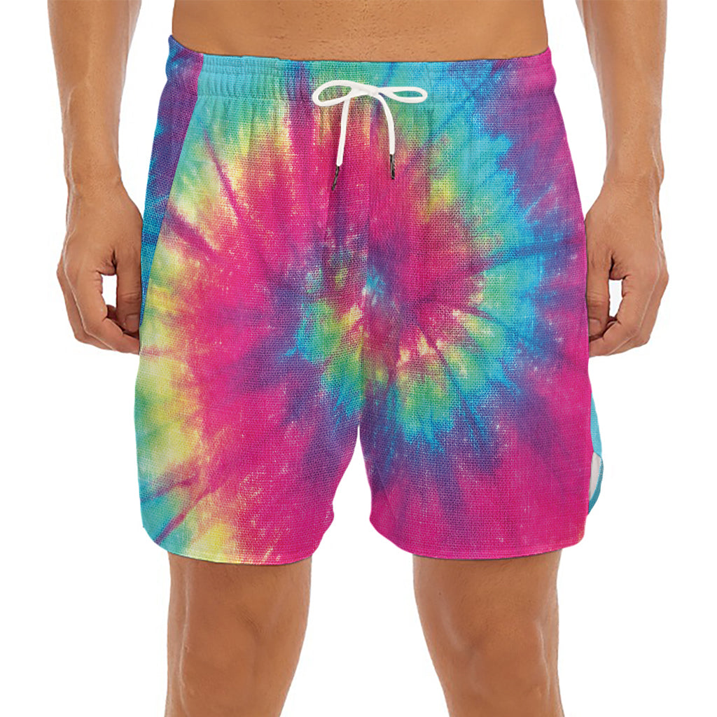 Blue Pink And Yellow Tie Dye Print Men's Split Running Shorts