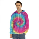 Blue Pink And Yellow Tie Dye Print Men's Velvet Pullover Hoodie