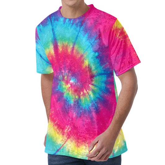 Blue Pink And Yellow Tie Dye Print Men's Velvet T-Shirt
