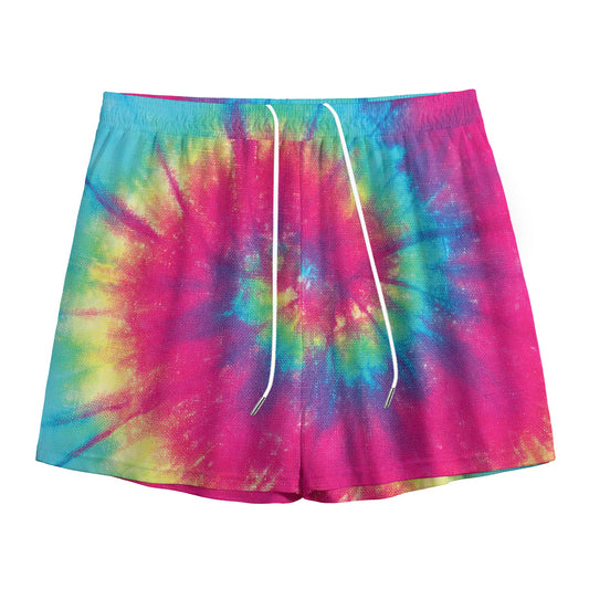 Blue Pink And Yellow Tie Dye Print Mesh Shorts