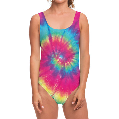 Blue Pink And Yellow Tie Dye Print One Piece Swimsuit