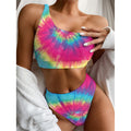 Blue Pink And Yellow Tie Dye Print One Shoulder Bikini Set