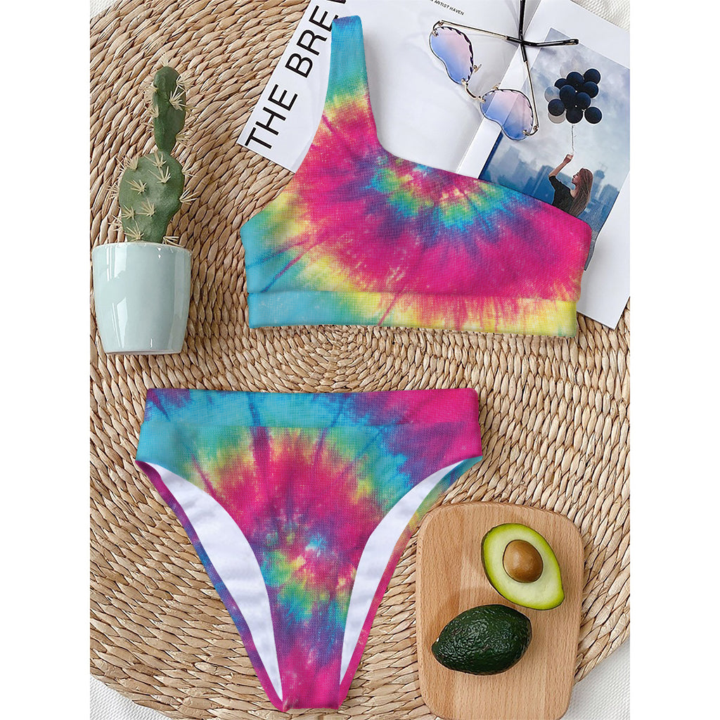 Blue Pink And Yellow Tie Dye Print One Shoulder Bikini Top