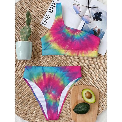 Blue Pink And Yellow Tie Dye Print One Shoulder Bikini Top