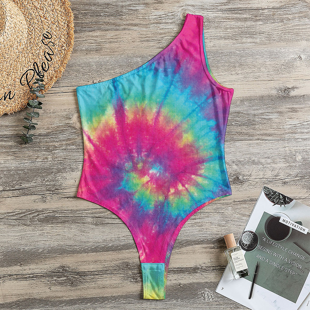 Blue Pink And Yellow Tie Dye Print One Shoulder Bodysuit