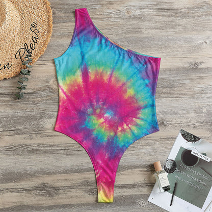 Blue Pink And Yellow Tie Dye Print One Shoulder Bodysuit