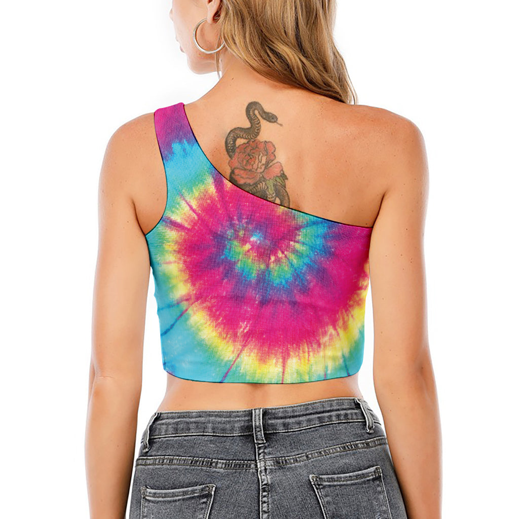 Blue Pink And Yellow Tie Dye Print One Shoulder Crop Top