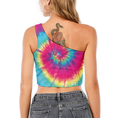 Blue Pink And Yellow Tie Dye Print One Shoulder Crop Top
