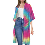 Blue Pink And Yellow Tie Dye Print Open Front Beach Cover Up