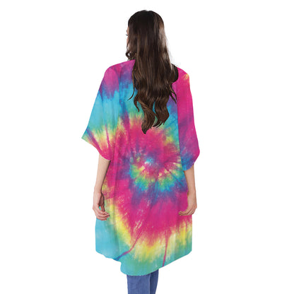 Blue Pink And Yellow Tie Dye Print Open Front Beach Cover Up