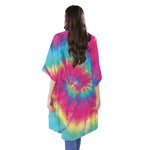 Blue Pink And Yellow Tie Dye Print Open Front Beach Cover Up