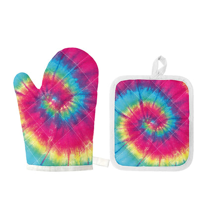 Blue Pink And Yellow Tie Dye Print Oven Mitt And Pot Holder Set