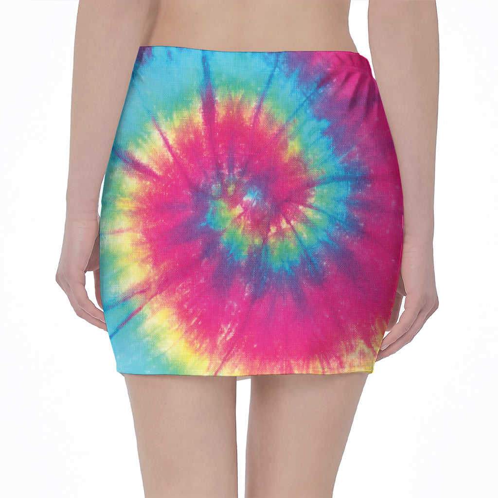 Blue Pink And Yellow Tie Dye Print Pencil Mini Skirt