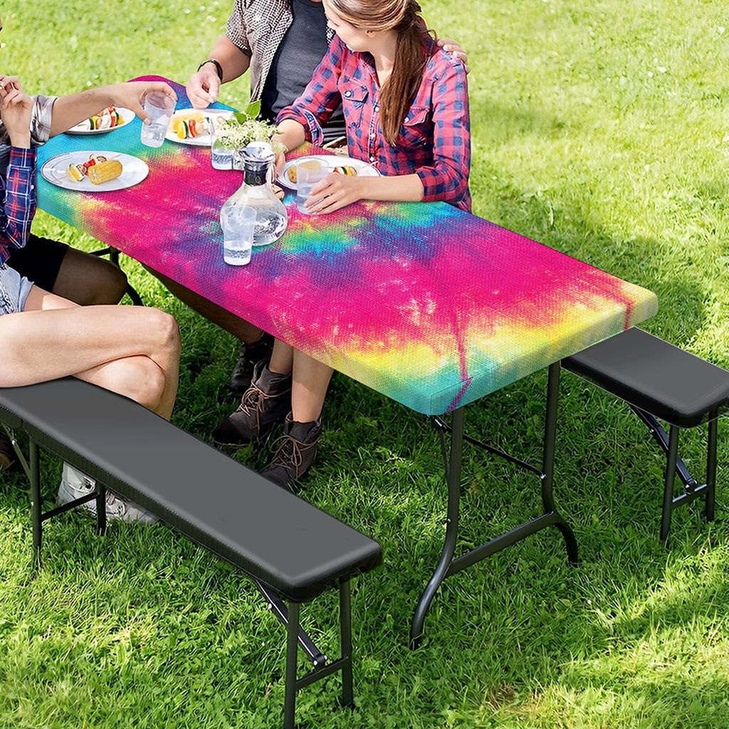 Blue Pink And Yellow Tie Dye Print Picnic Table Cover