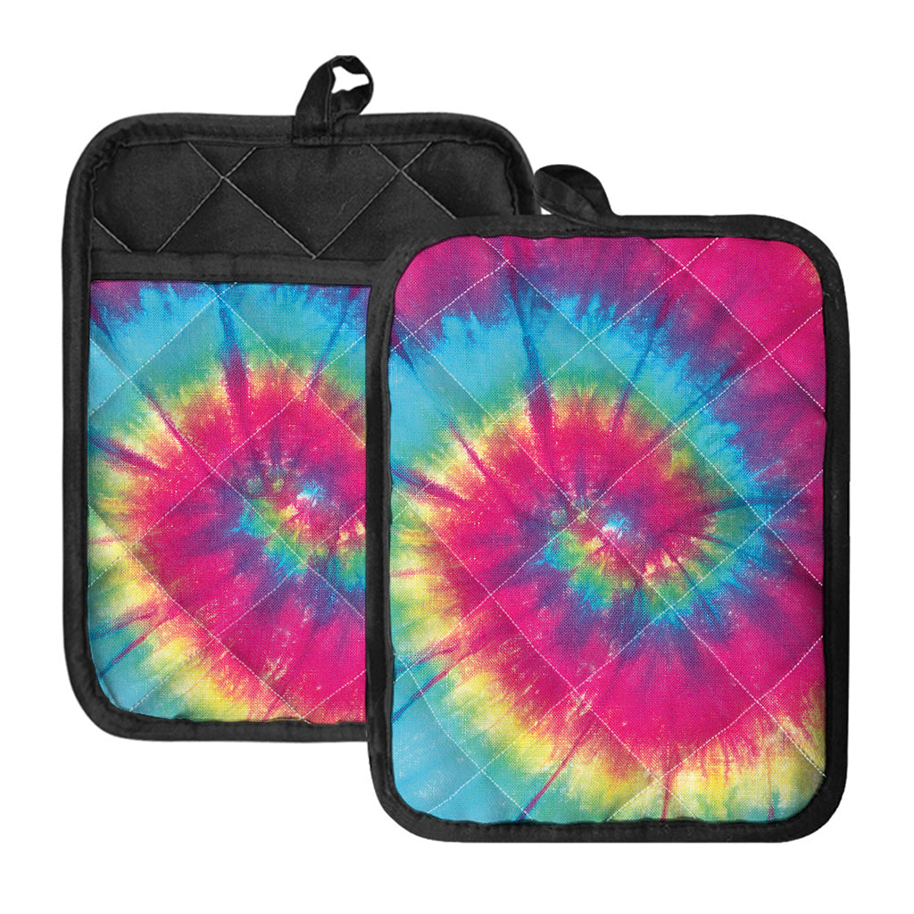 Blue Pink And Yellow Tie Dye Print Pot Holders With Pocket
