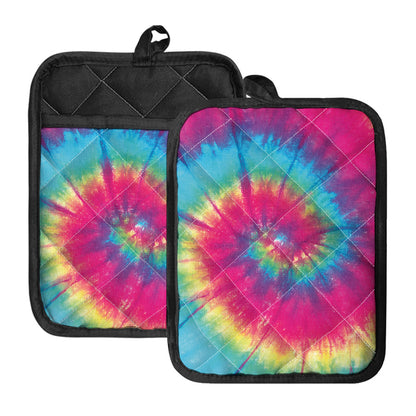 Blue Pink And Yellow Tie Dye Print Pot Holders With Pocket