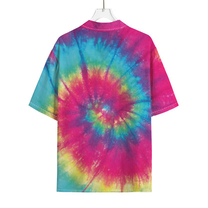 Blue Pink And Yellow Tie Dye Print Rayon Hawaiian Shirt