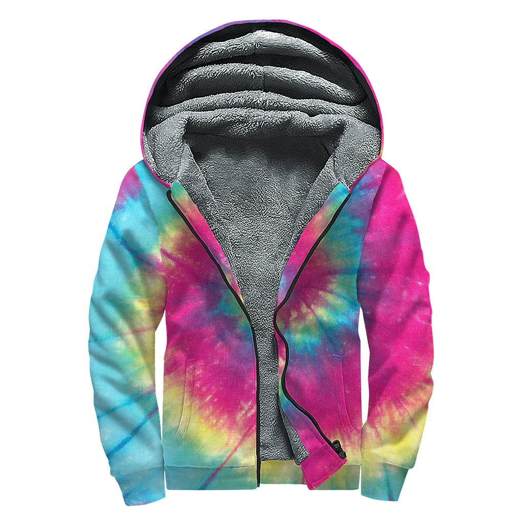 Blue Pink And Yellow Tie Dye Print Sherpa Lined Zip Up Hoodie