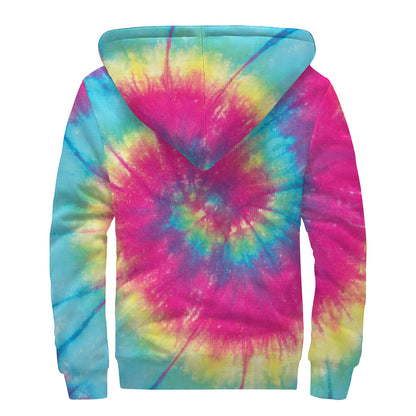 Blue Pink And Yellow Tie Dye Print Sherpa Lined Zip Up Hoodie