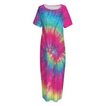 Blue Pink And Yellow Tie Dye Print Short Sleeve Long Nightdress