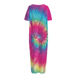 Blue Pink And Yellow Tie Dye Print Short Sleeve Long Nightdress