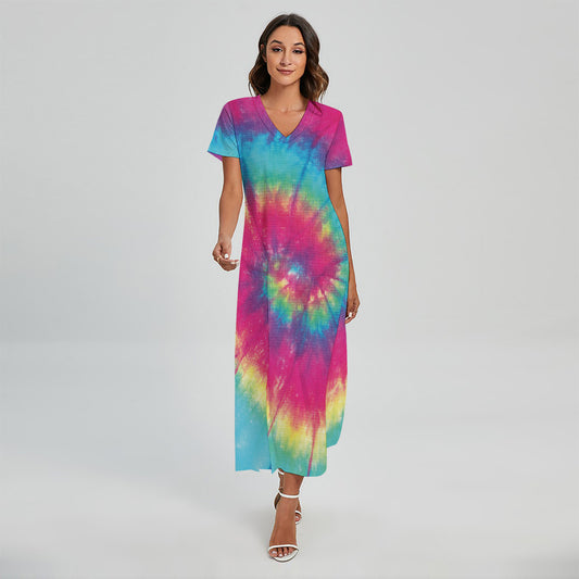 Blue Pink And Yellow Tie Dye Print Short Sleeve Maxi Dress
