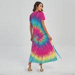 Blue Pink And Yellow Tie Dye Print Short Sleeve Maxi Dress